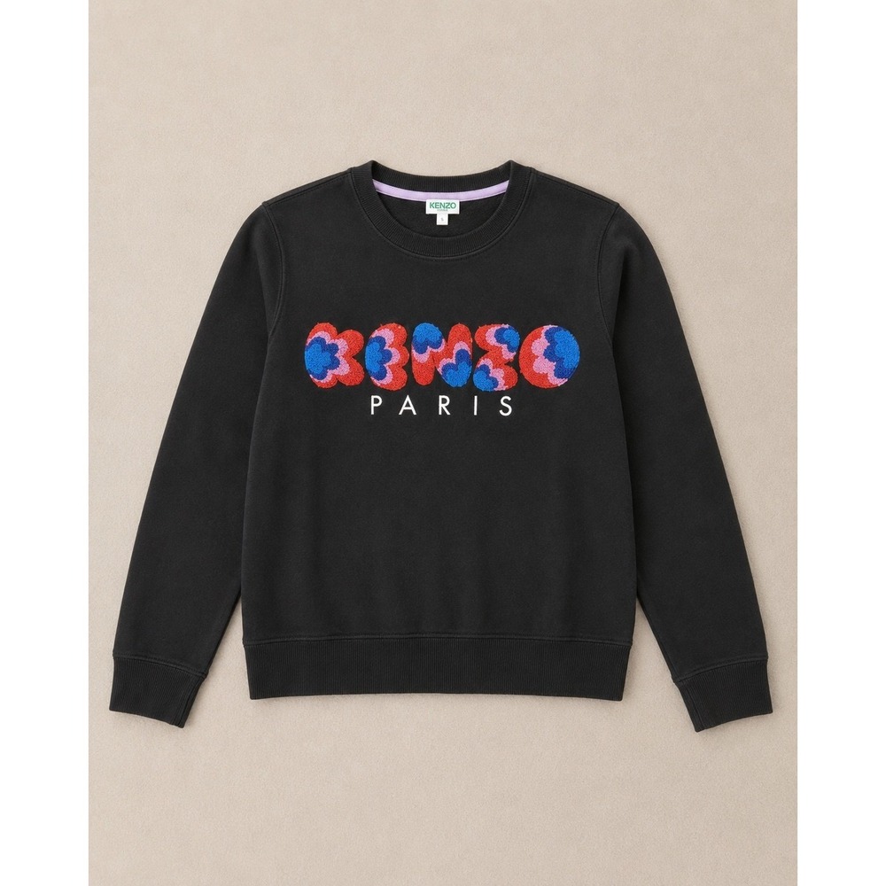 Kenzo Paris Black Cotton Sweatshirt Floral Chenille Logo Size S Streetwear